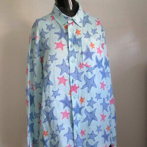 escales Paris blue multicolor print 100% linen shirt
